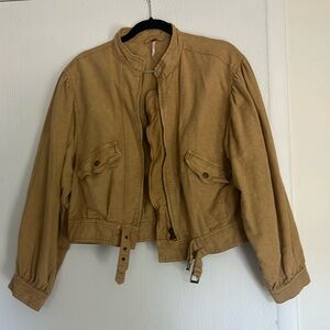 Free People Poet Puff Sleeve Khaki Bomber Jacket size small like new